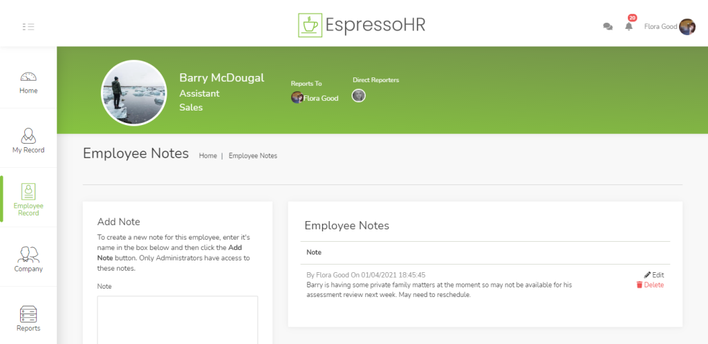 Screenshot of SkyHR's Employee Notes page