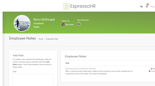 Screenshot of SkyHR's Employee Notes page