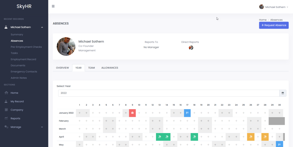 Screenshot of SkyHR employee absence year
