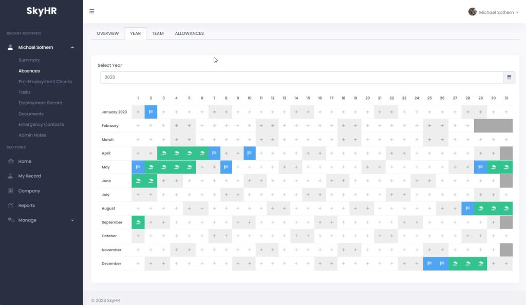 Screenshot of SkyHR's annual absence calendar with bank holidays highlighted