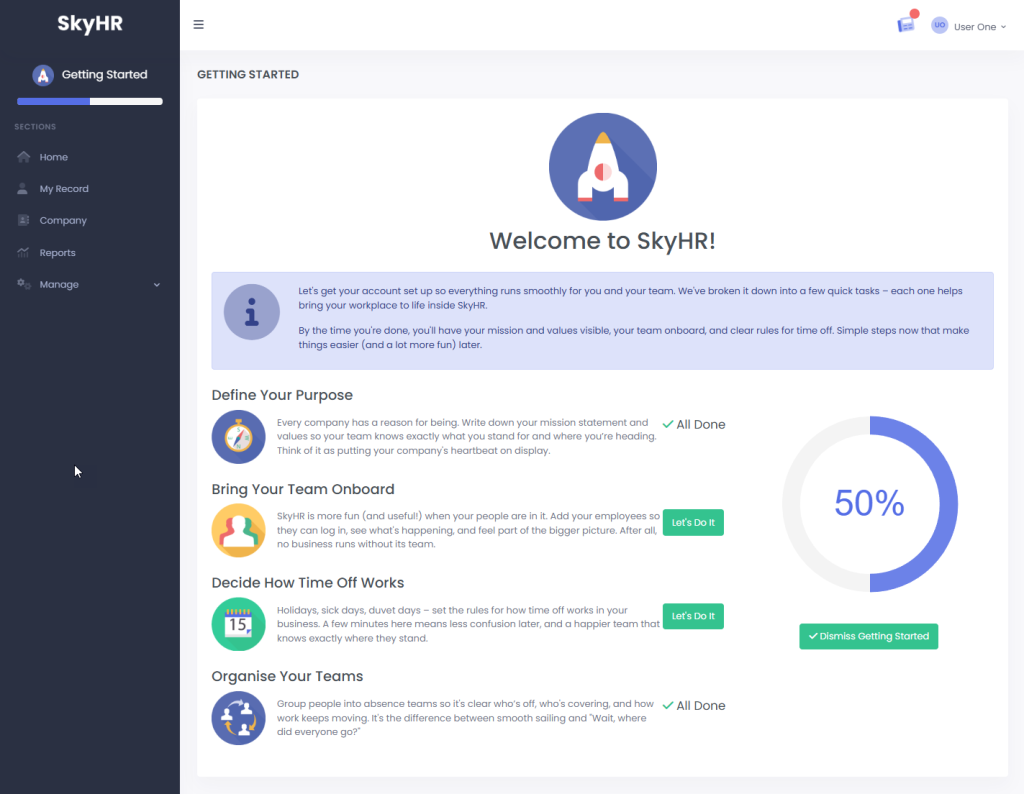 Screenshot of the SkyHR onboarding and getting started screen