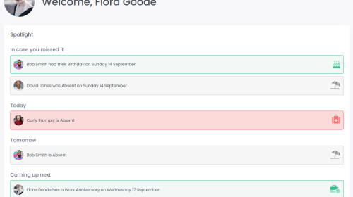 Screenshot of the spotlight section of SkyHR showing celebrations and absences at a glance