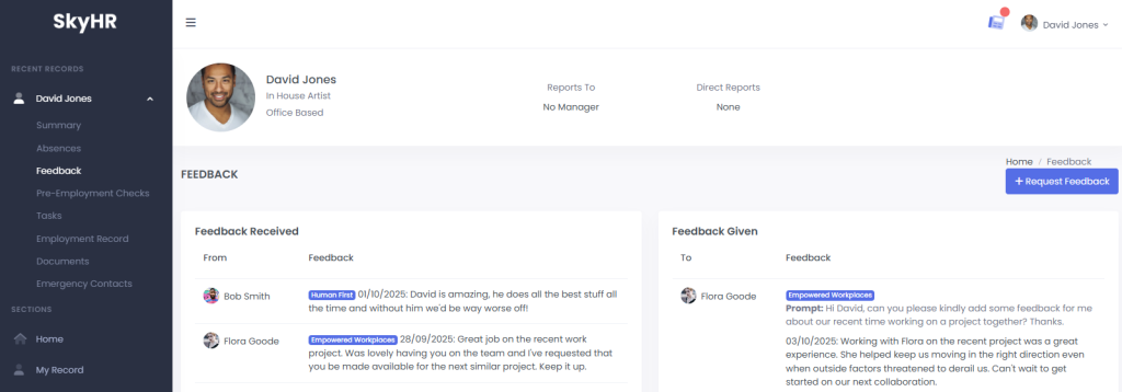 SkyHR Feedback Section in employee record