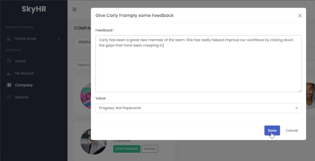 Screenshot of giving a team mate feedback in SkyHR
