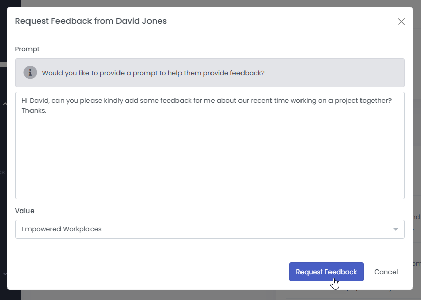Screenshot of providing a prompt and Company Value for feedback from a colleauge