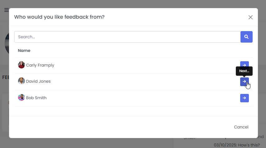 Screenshot of selecting a colleague to request feedback from
