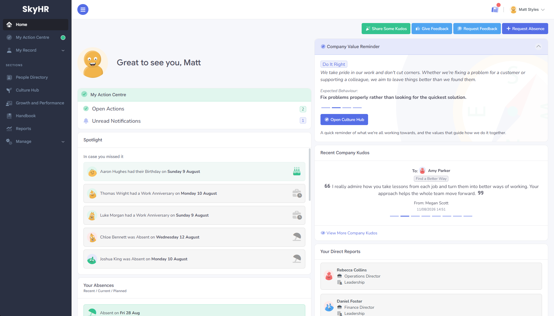 SkyHR Workspace Page